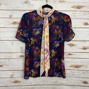 ModCloth Sheer Navy Blue Floral Tie Neck Short Sleeve Blouse